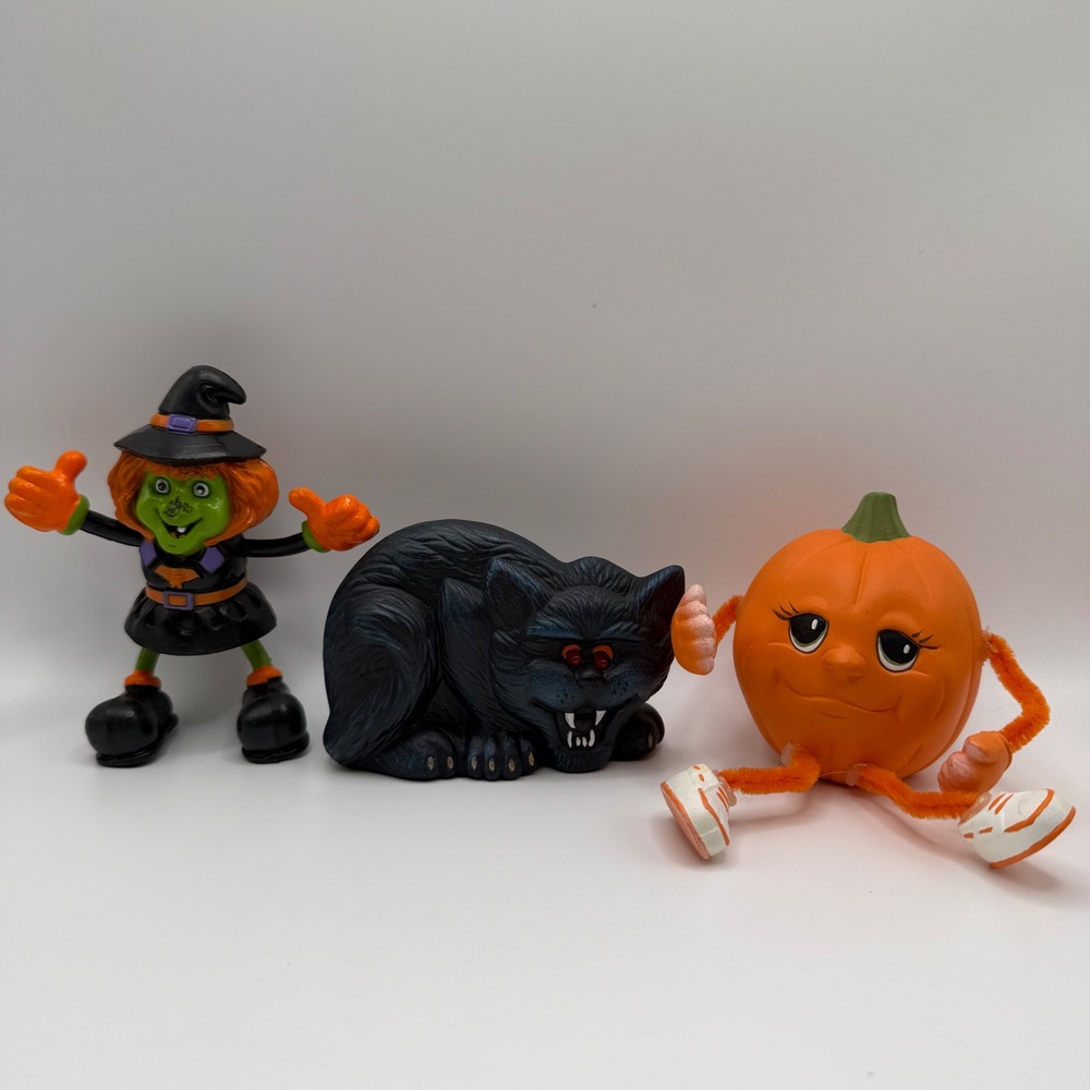 Vintage Halloween Decor Set Witch Figurine Black Cat Pumpkin Character *READ